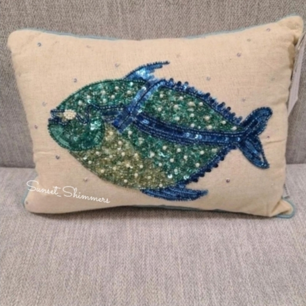 14" Coastal Collection Blue Fish Beaded Sequined Throw Pillow Gorgeous!